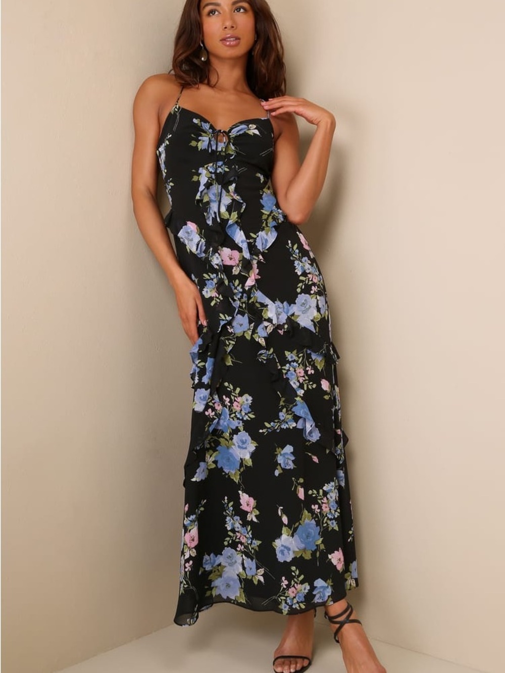 Lulus Adoring Essence Black Floral Ruffled Lace-Up Backless Maxi Dress M NWOT